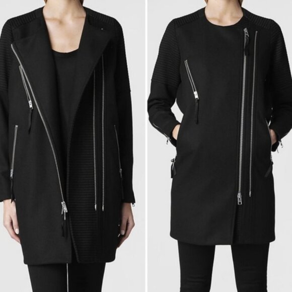 All Saints womens size 2 black Sharr coat, 80% wool, leather collar - Picture 13 of 13